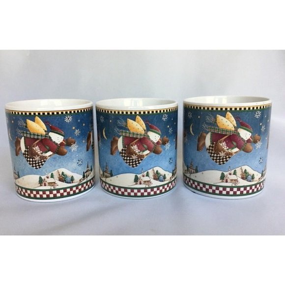 3 Sakura Snow Angel Village Coffee Mugs Debbie Mumm Cups Snowman Christmas - Picture 3 of 11